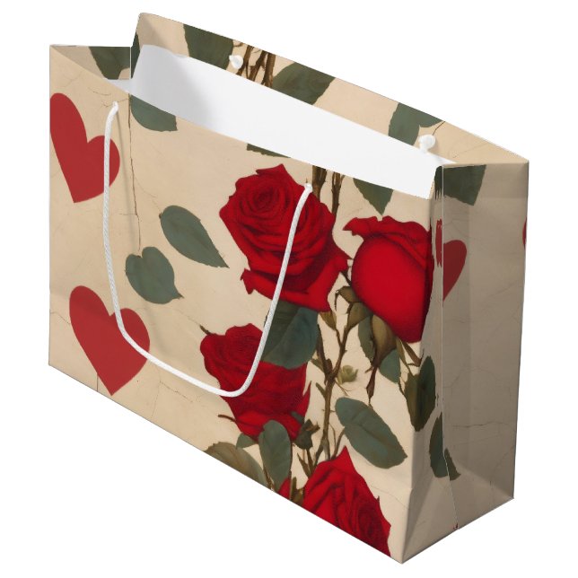Rote Rosen mit Herz-Muster Romantische Große Geschenktüte (Vorderseite Schrägansicht)