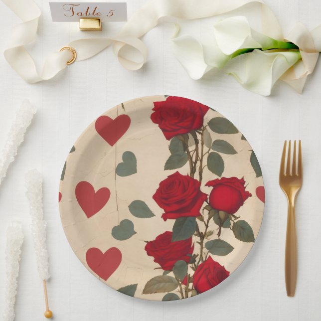 Rote Rosen mit Herz-Muster Romantische Pappteller (Hochzeit)