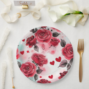 Rote Rosen mit Herz-Muster Romantische Pappteller