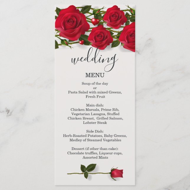 Rote Rosen mit Herzen Wedding Menü-Gestell-Karte Menükarte (Vorderseite)
