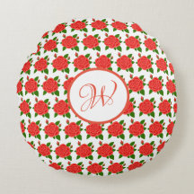 Rote Rosen mit Knöpfen Monogram Rundkissen