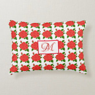 Rote Rosen mit Knospen Monogramm Akzent Kissen