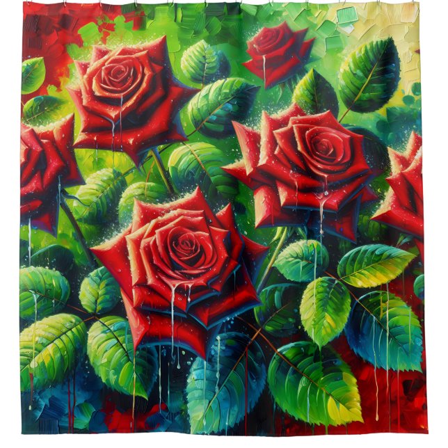 "Rote Rosen mit Raindrops" Duschvorhang (Vorderseite)