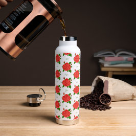 Rote Rosen mit Text, der isoliert ist Trinkflasche