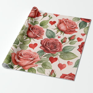 Rote Rosen mit Valentinherzen Muster Romantische Geschenkpapier