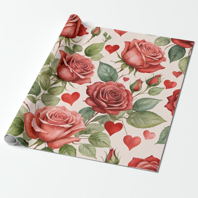 Rote Rosen mit Valentinherzen Muster Romantische Geschenkpapier (Ungerollt)