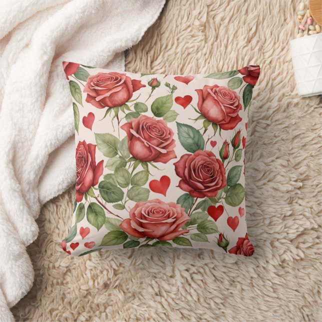 Rote Rosen mit Valentinherzen Muster Romantische Kissen (Decke)