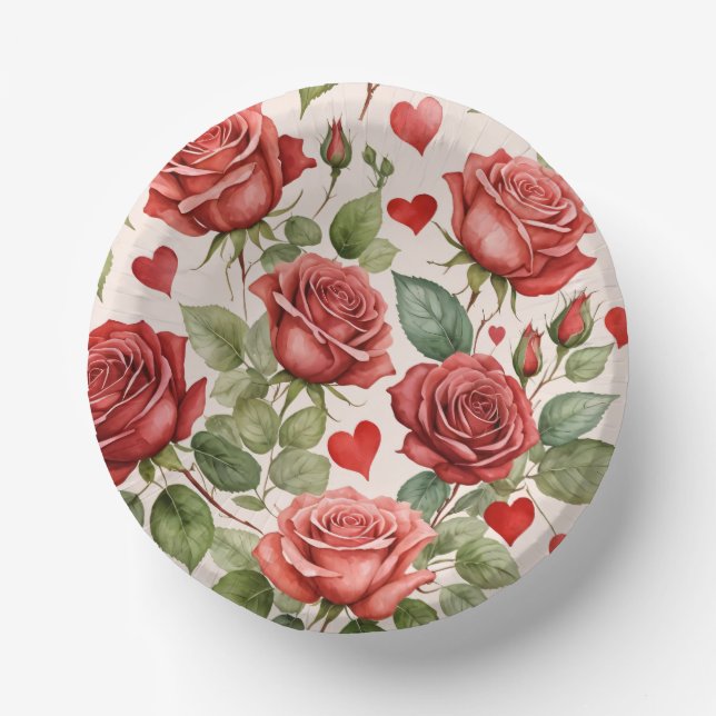 Rote Rosen mit Valentinherzen Muster Romantische Pappteller (Vorderseite)