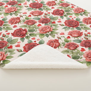Rote Rosen mit Valentinherzen Muster Romantische Sherpadecke