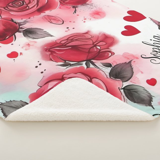Rote Rosen mit Valentinherzen Muster Romantische Sherpadecke (3/4)