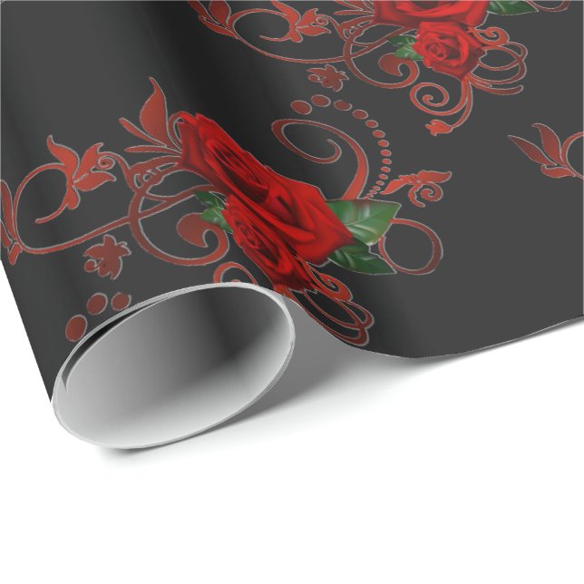 Rote Rosen Muster rot und schwarz Umrandungspapier Geschenkpapier (Rolleneckpunkt)