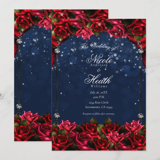Rote Rosen Navy Blue Gold verzauberte Blumenhochze Einladung (Vorne/Hinten)