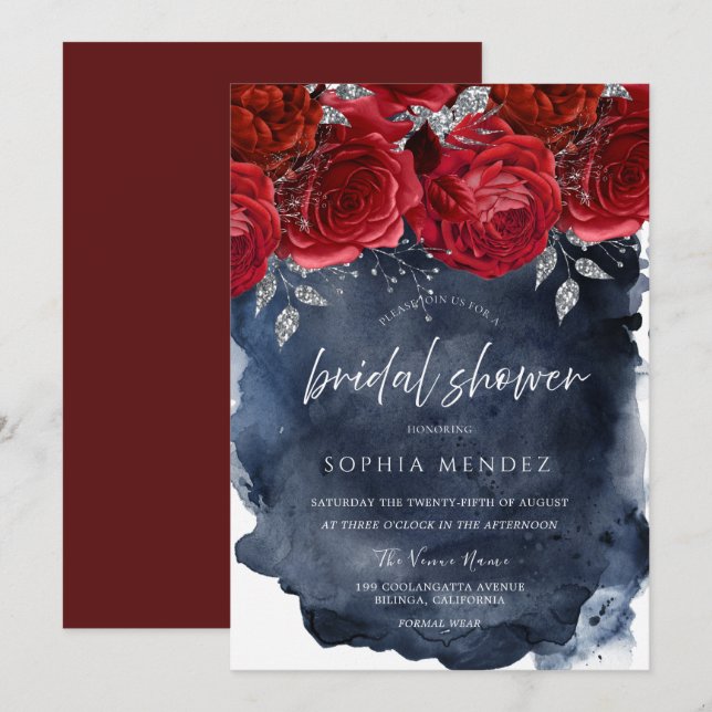 Rote Rosen Navy Watercolor Splash Brautparty Einladung (Vorne/Hinten)