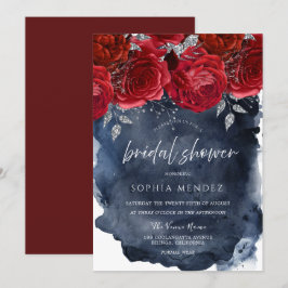 Rote Rosen Navy Watercolor Splash Brautparty Einladung