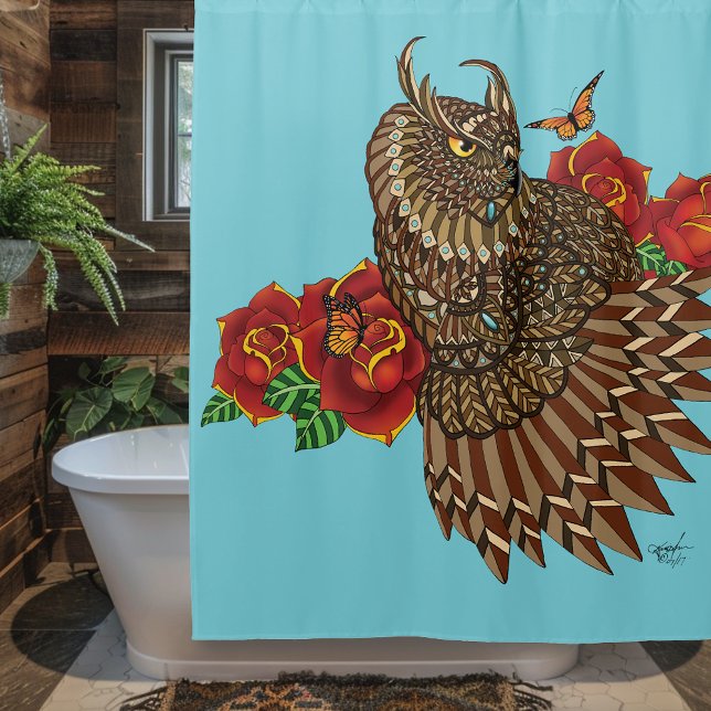 Rote Rosen Owl Blue Duschvorhang (Von Creator hochgeladen)