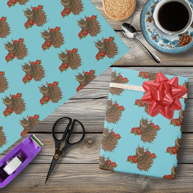 Rote Rosen Owl Blue Geschenkpapier (Von Creator hochgeladen)