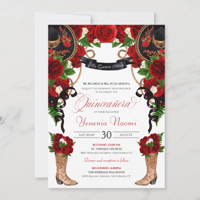 Rote Rosen & Peonies Western Charra Quinceanera Einladung (Vorderseite)