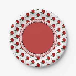 Rote Rosen & Perlen Elegante Florale Hochzeitsfeie Pappteller