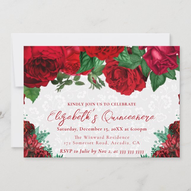 Rote Rosen Quinceanera Einladung (Vorderseite)