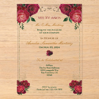 Rote Rosen Quinceañera FloralAkryllische Einladung