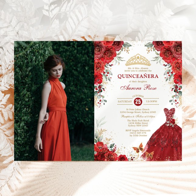 Rote Rosen Quinceañera Mis Quince Anos Foto Einladung (Von Creator hochgeladen)