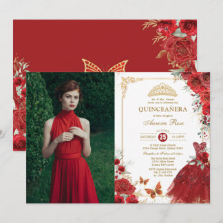 Rote Rosen Quinceañera Prinzessin Tiara Mis Quince Einladung