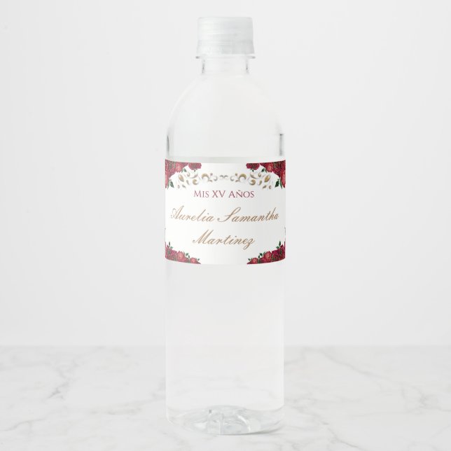 Rote Rosen Quinceañera Wasserflaschen Etiketten (Vorderseite)