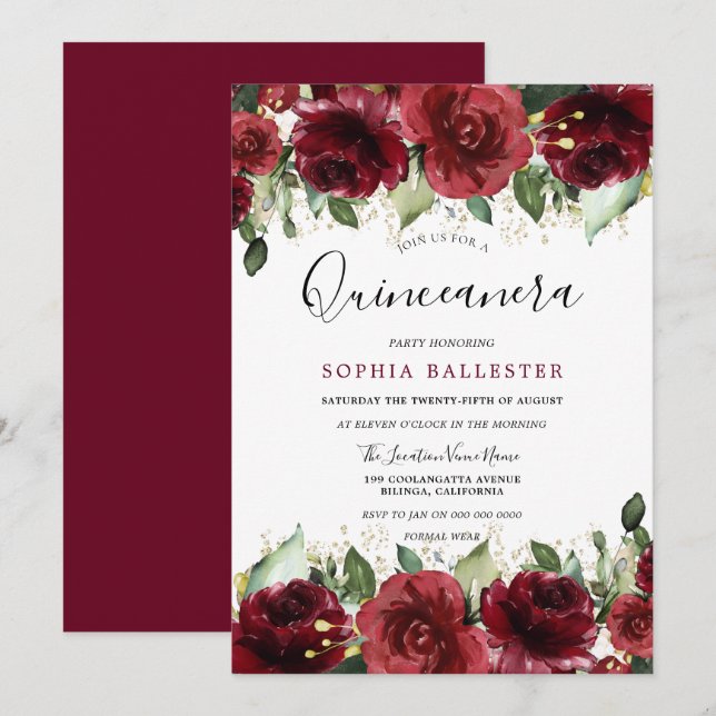 Rote Rosen Romantisches Quinceanera-Party Einladung (Vorne/Hinten)