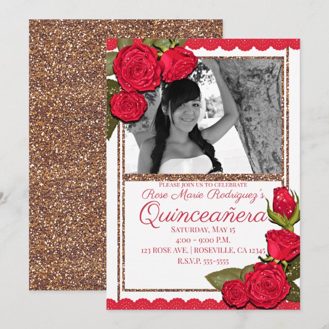 Rote Rosen Rose Gold Glitzer Quinceañera Geburtsta Einladung (Vorne/Hinten)