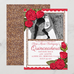 Rote Rosen Rose Gold Glitzer Quinceañera Geburtsta Einladung