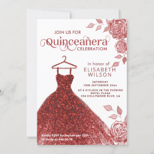 Rote Rosen Rotes Glitzer Kleid Quinceañera Einladu Einladung