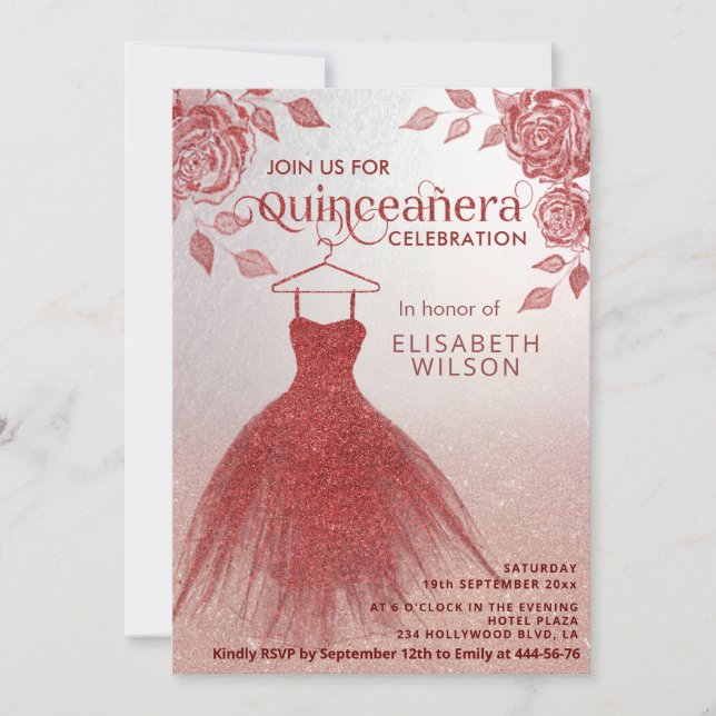 Rote Rosen Rotes Glitzer Kleid Quinceañera Einladu Einladung (Vorderseite)