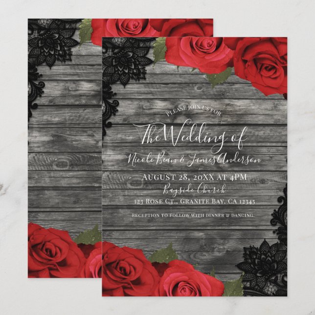 Rote Rosen Rustikale Hochzeit aus Holz Einladung (Vorne/Hinten)