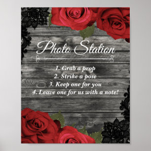 Rote Rosen Rustikale Schwarze Spitze Hochzeits-Fot Poster