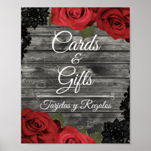 Rote Rosen Rustikale Schwarze Spitze Hochzeitskart Poster