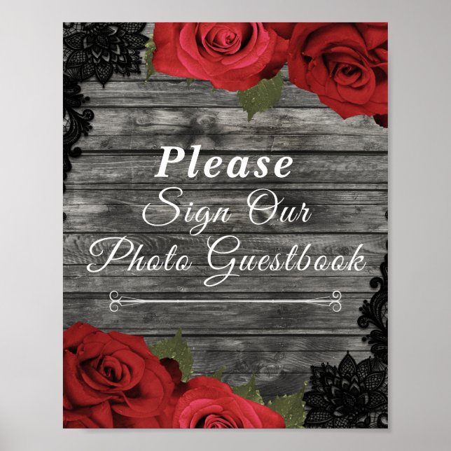 Rote Rosen Rustikales Black Lace Hochzeit Gästebuc Poster (Vorne)