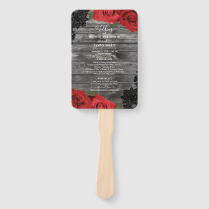Rote Rosen Rustikales Holz Schwarze Spitze Hochzei Fächer