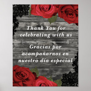 Rote Rosen Rustikales Schwarzes Spitzen-Hochzeitst Poster