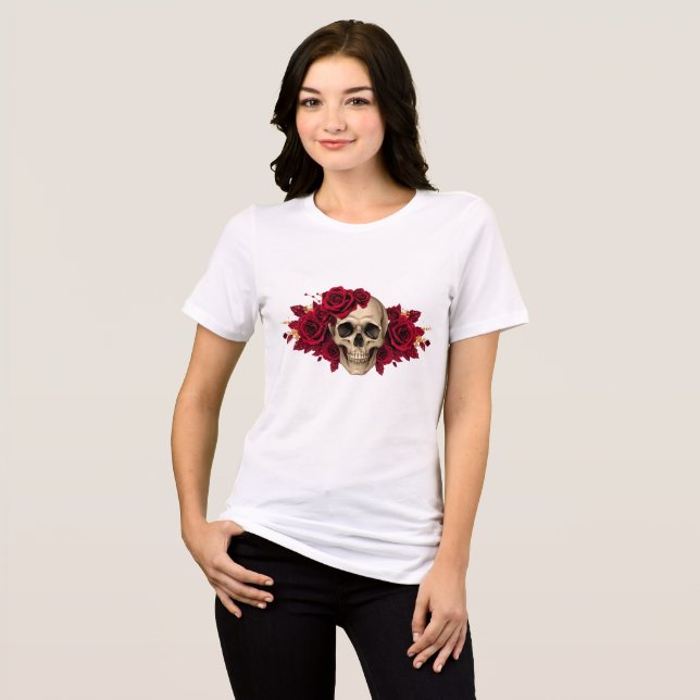 Rote Rosen-Schädel | Gothic-Halloween-Shirt Tri-Blend Shirt (Vorderseite voll)