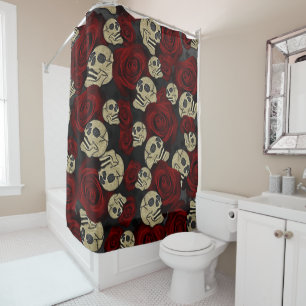 Rote Rosen & Schädel Grau Schwarze Blumen Gothic Duschvorhang