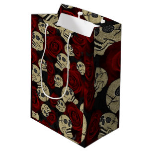 Rote Rosen & Schädel Grau Schwarze Blumen Gothic Mittlere Geschenktüte