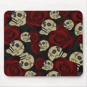 Rote Rosen & Schädel Grau Schwarze Blumen Gothic Mousepad