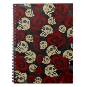 Rote Rosen & Schädel Grau Schwarzes Floral Gothic Notizblock