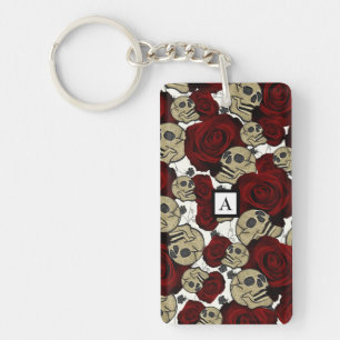 Rote Rosen & Schädel Grau Schwarzes Floral Gothic  Schlüsselanhänger