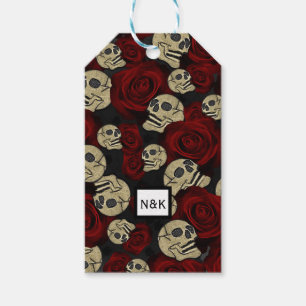 Rote Rosen & Schädel Grau Schwarzes Florales Gothi Geschenkanhänger