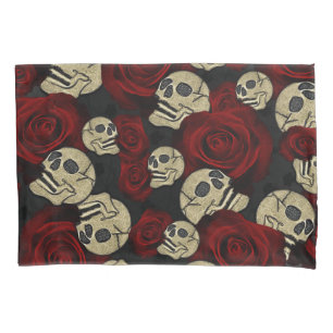 Rote Rosen & Schädel Grau Schwarzes Florales Gothi Kissenbezug
