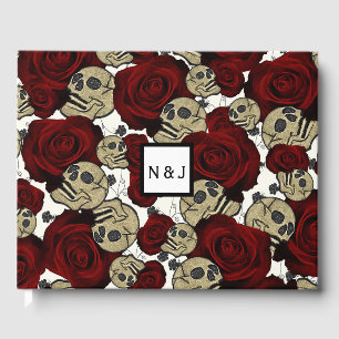 Rote Rosen & Schädel schwarze Blumen gothic weiß Gästebuch