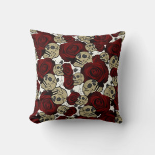 Rote Rosen & Schädel Schwarze Blumen Gothic Weiß Kissen