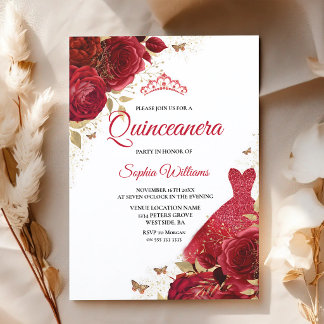 Rote Rosen schimmern Quinceanera Einladung