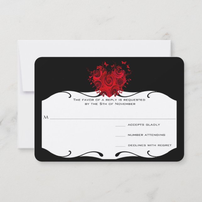 Rote Rosen & Schmetterlinge Herzstück auf schwarze RSVP Karte (Rückseite)